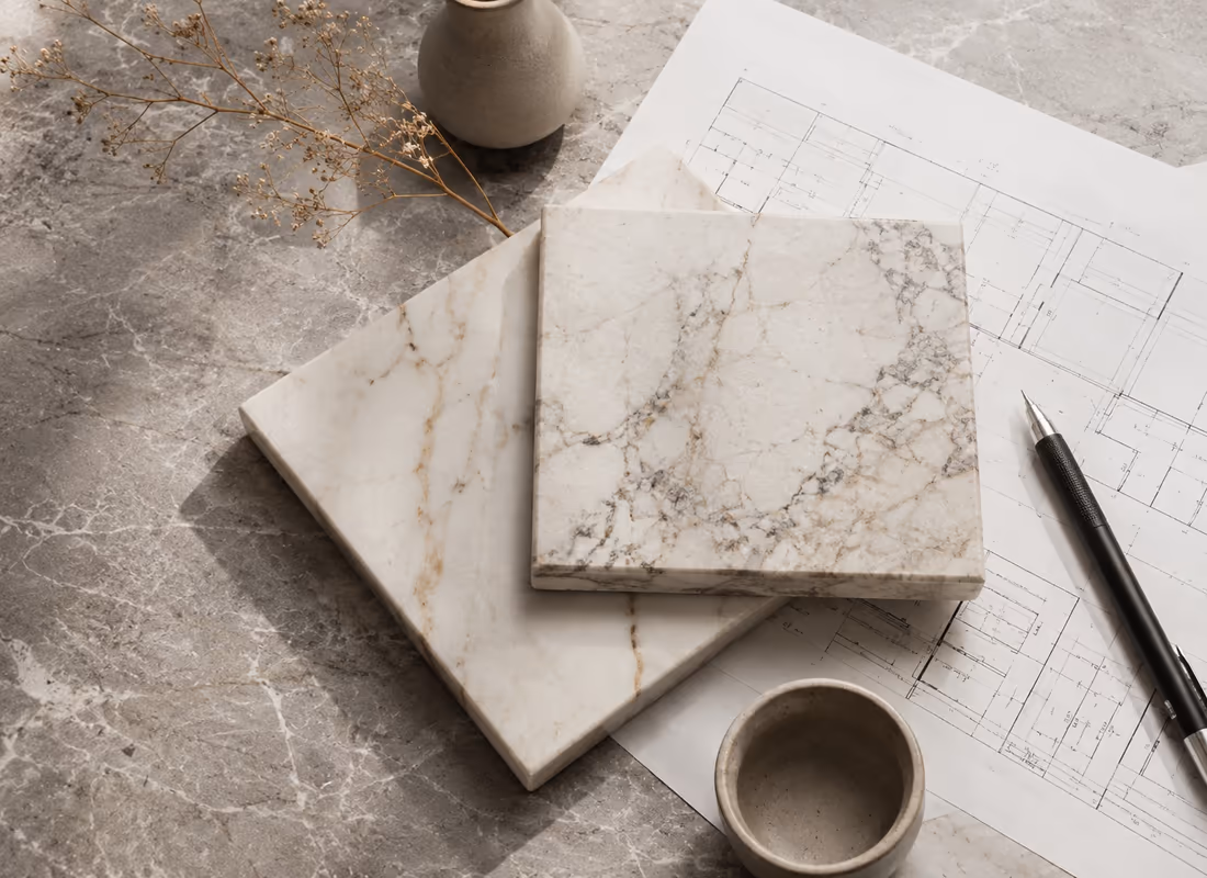 Natural stone samples and architectural drawings