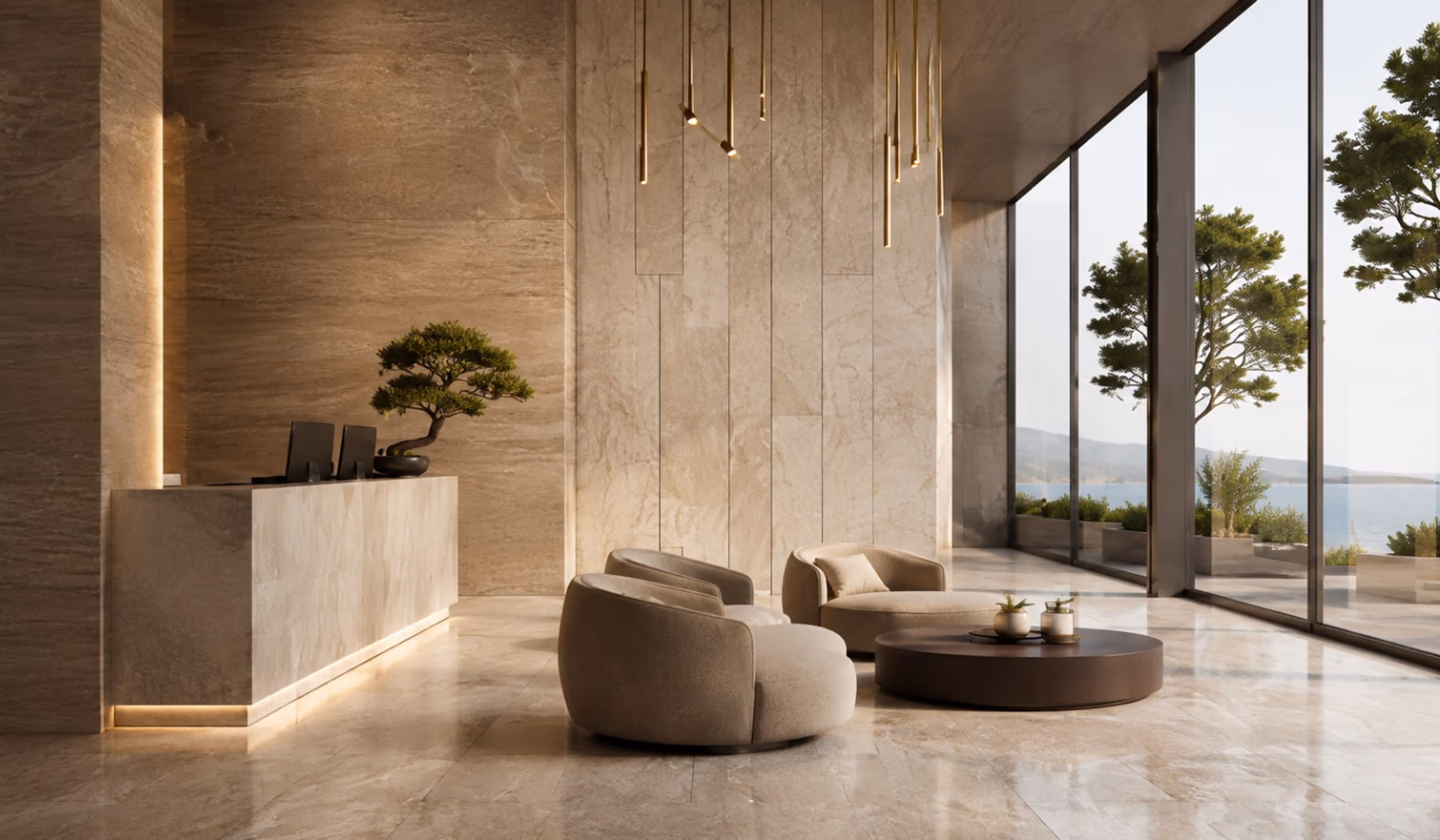Light-filled contemporary interior finished with Turkish natural stone