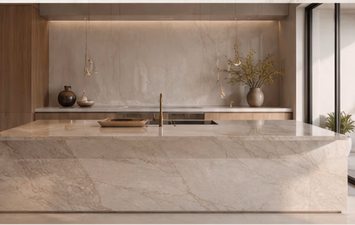 Elegant kitchen island finished in natural stone