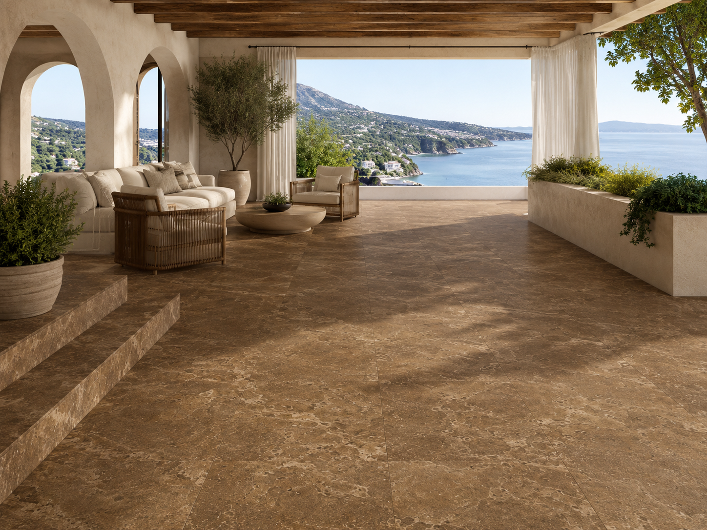 Noche Travertine – Cross Cut · Walnut Brown natural travertine slab
