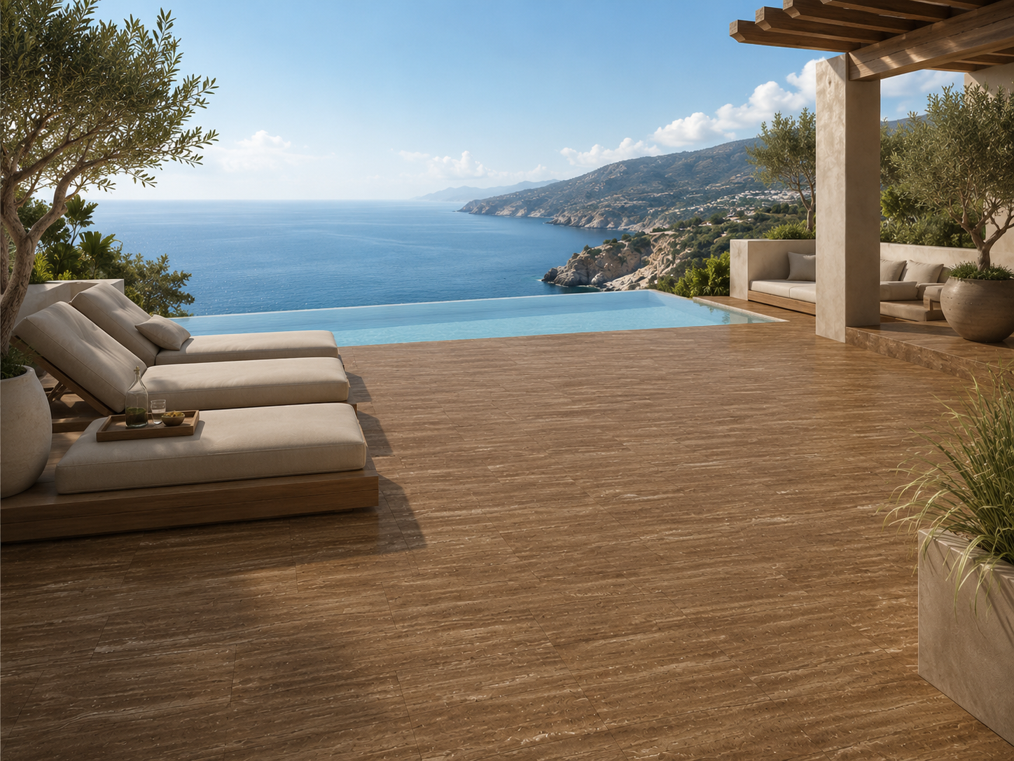 Noche Travertine – Vein Cut · Walnut Brown recommended for terraces & entries