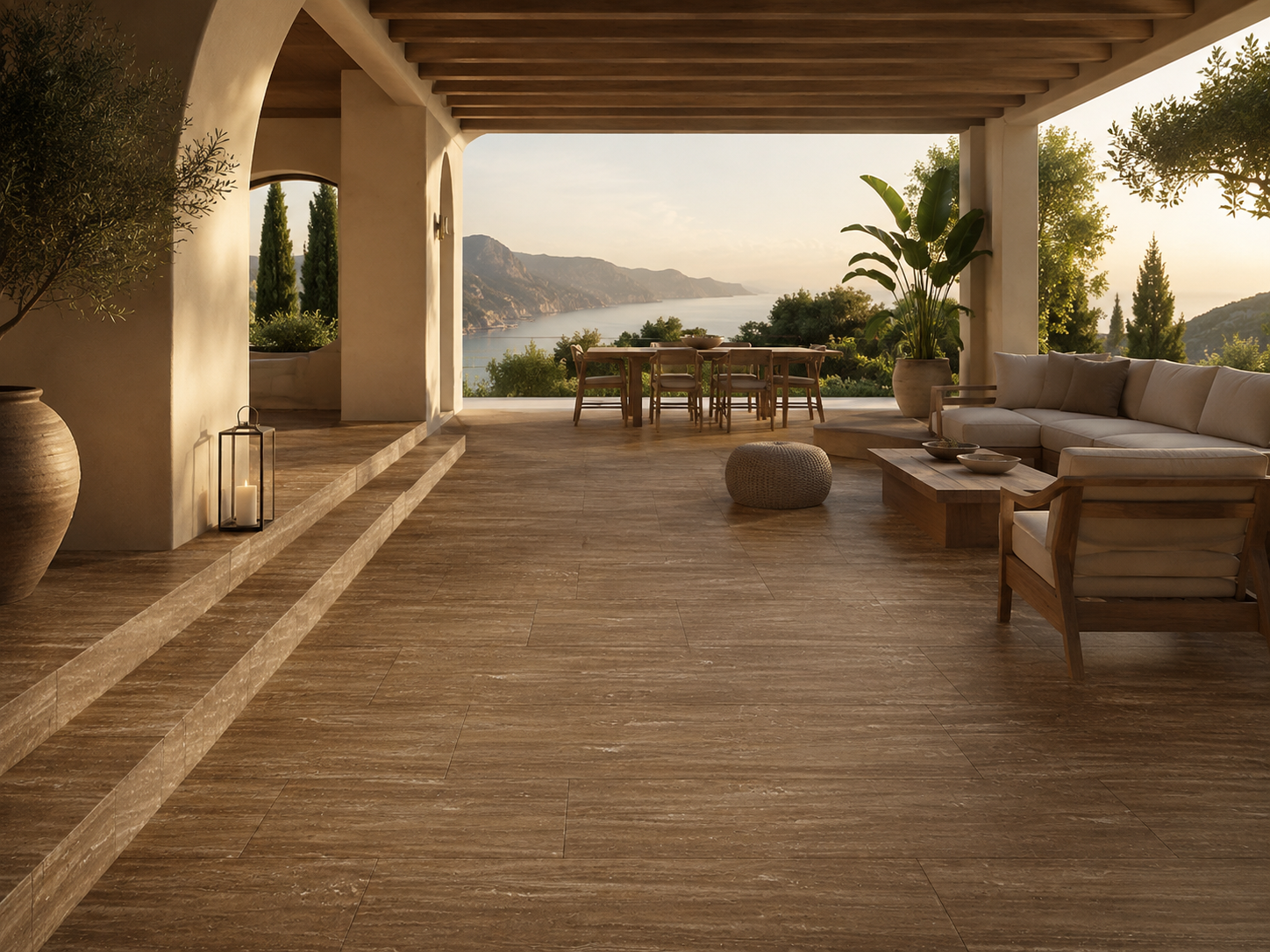 Noche Travertine – Vein Cut · Walnut Brown natural travertine slab