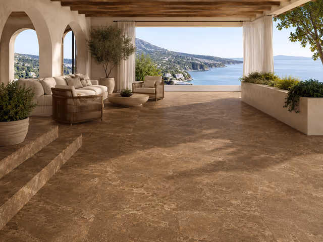 Noche Travertine – Cross Cut · Walnut Brown natural travertine slab